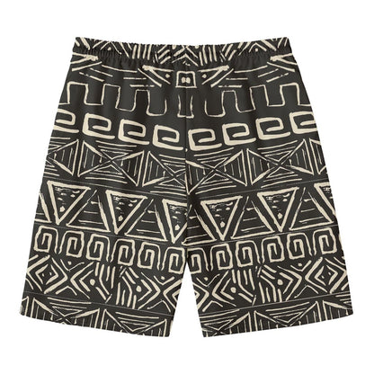 Beige Aztec Pattern Print Men's Swim Trunks
