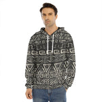 Beige Aztec Pattern Print Men's Velvet Pullover Hoodie