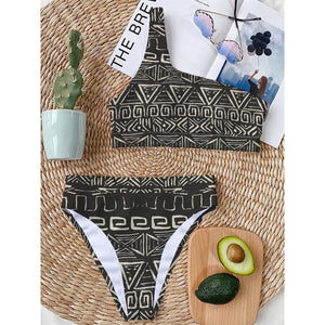 Beige Aztec Pattern Print One Shoulder Bikini Top