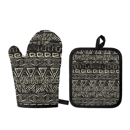 Beige Aztec Pattern Print Oven Mitt And Pot Holder Set