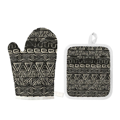 Beige Aztec Pattern Print Oven Mitt And Pot Holder Set