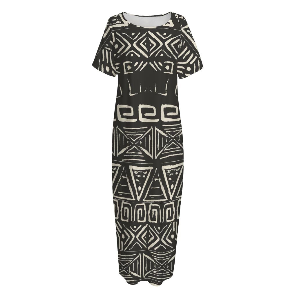 Beige Aztec Pattern Print Short Sleeve Long Nightdress