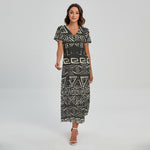 Beige Aztec Pattern Print Short Sleeve Maxi Dress