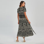 Beige Aztec Pattern Print Short Sleeve Maxi Dress