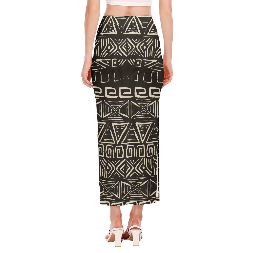 Beige Aztec Pattern Print Side Slit Maxi Skirt