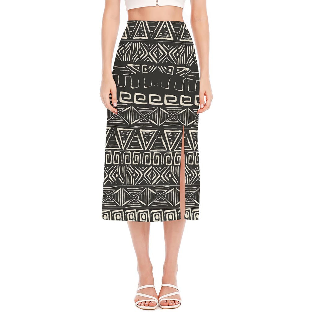 Beige Aztec Pattern Print Side Slit Midi Skirt