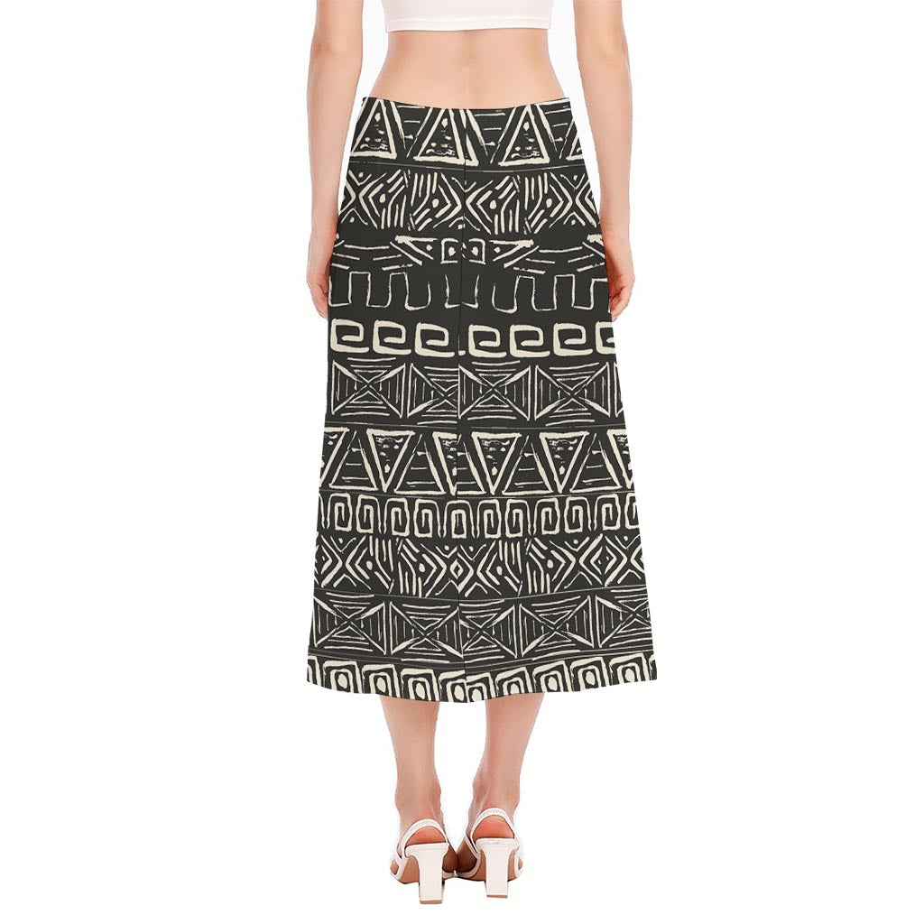 Beige Aztec Pattern Print Side Slit Midi Skirt