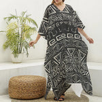 Beige Aztec Pattern Print Silk V-Neck Kaftan Dress