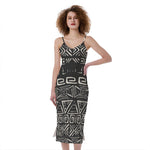 Beige Aztec Pattern Print Slim Fit Midi Cami Dress