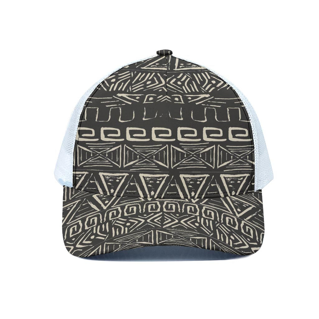 Beige Aztec Pattern Print White Mesh Trucker Cap