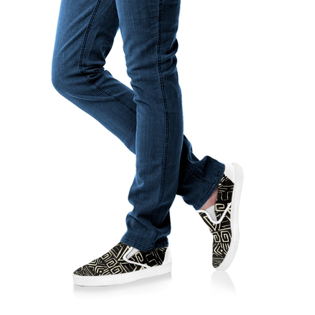 Beige Aztec Pattern Print White Slip On Sneakers