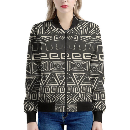 Beige Aztec Pattern Print Women's Bomber Jacket