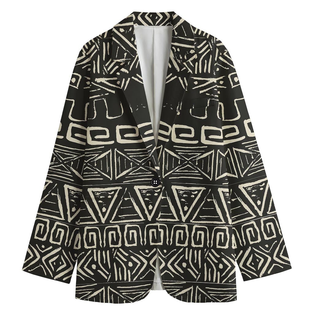 Beige Aztec Pattern Print Women's Cotton Blazer