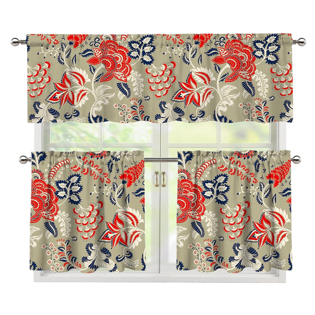 Beige Bohemian Floral Pattern Print 3 Piece Kitchen Curtains