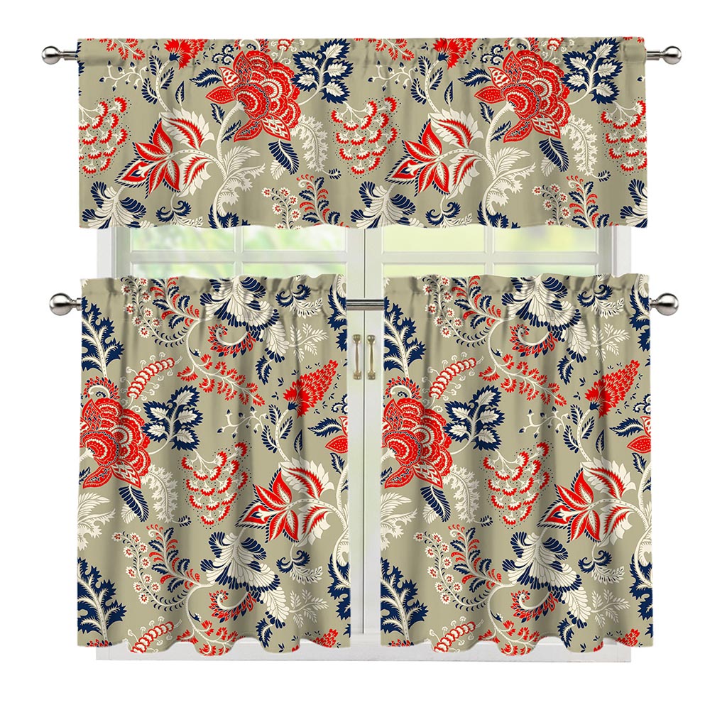 Beige Bohemian Floral Pattern Print 3 Piece Kitchen Curtains