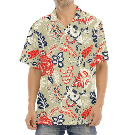 Beige Bohemian Floral Pattern Print Aloha Shirt