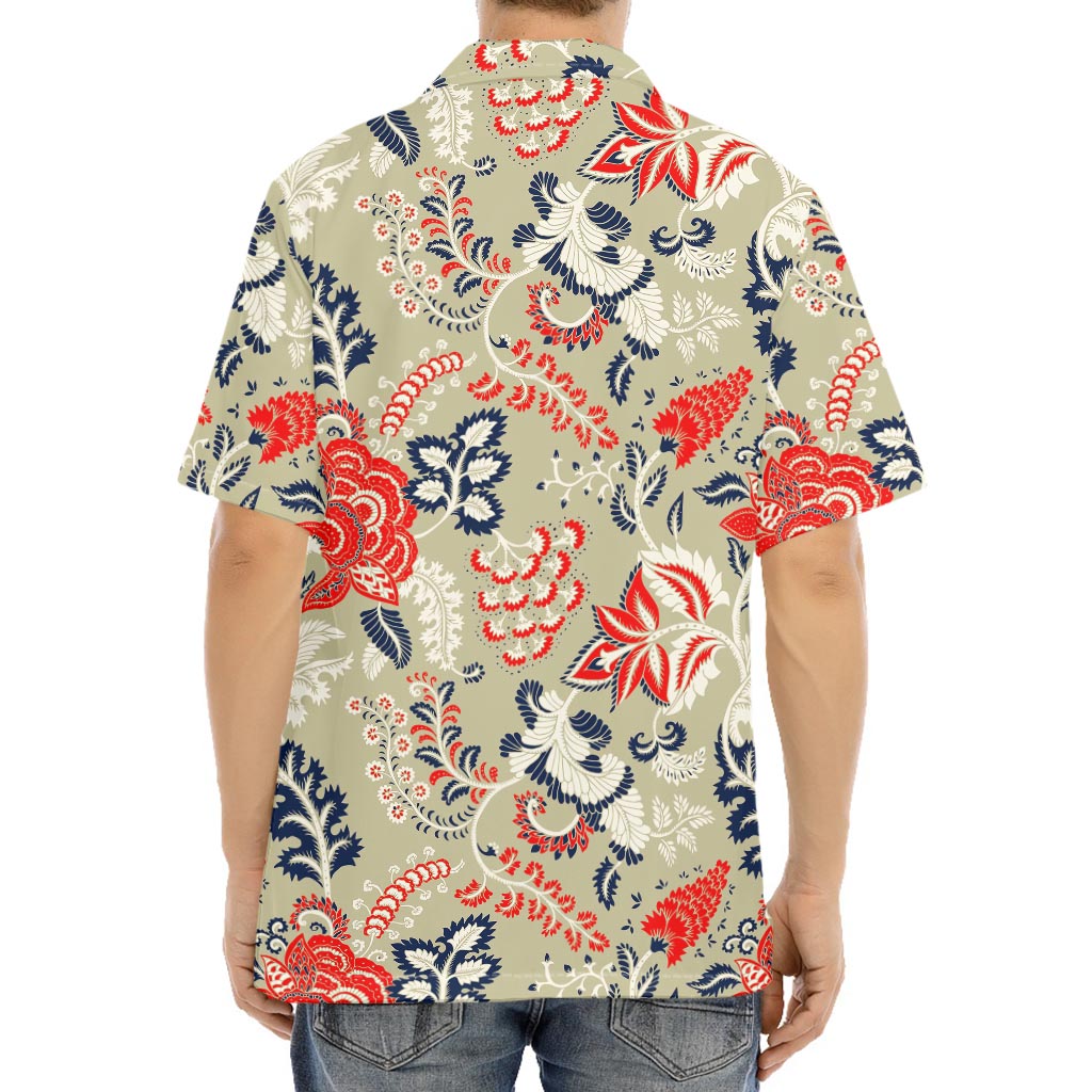 Beige Bohemian Floral Pattern Print Aloha Shirt