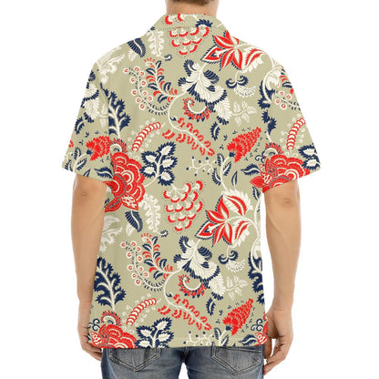 Beige Bohemian Floral Pattern Print Aloha Shirt