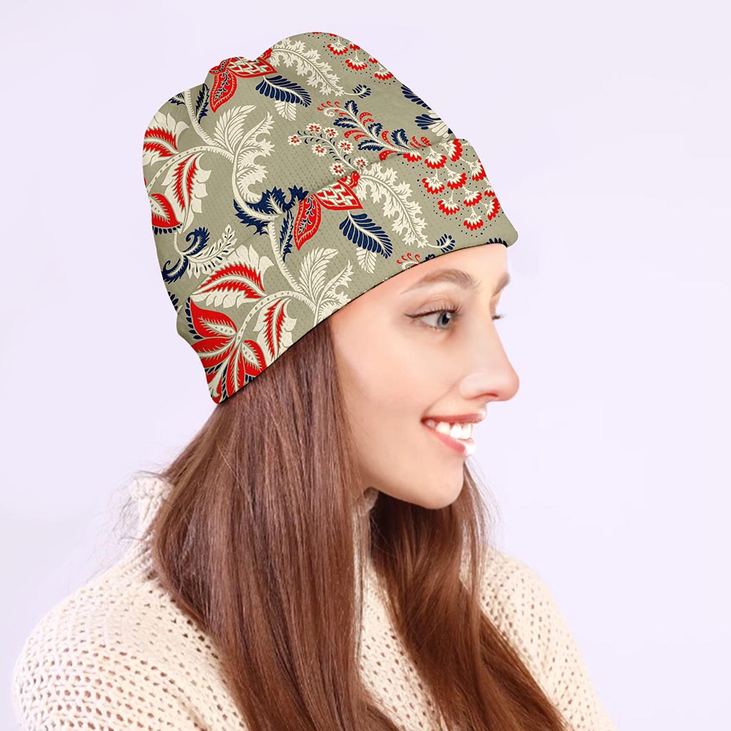 Beige Bohemian Floral Pattern Print Beanie