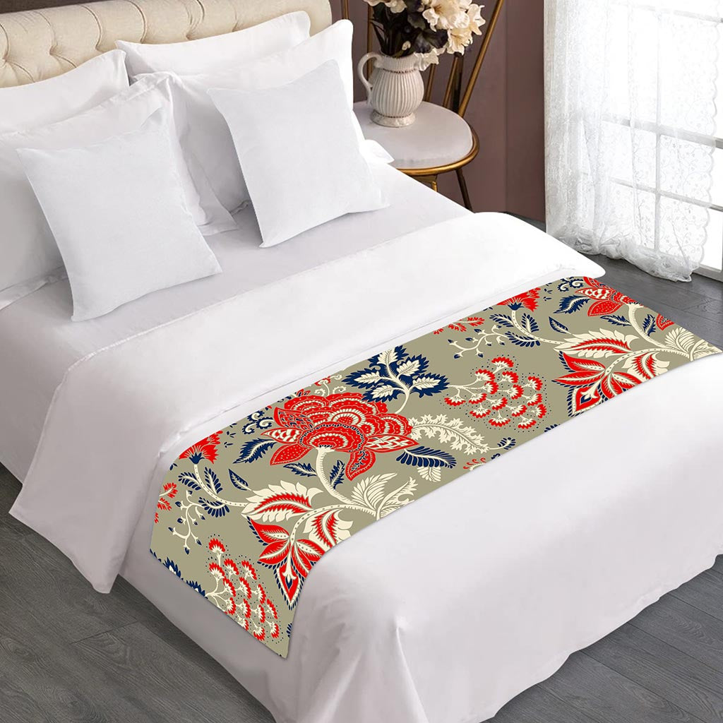 Beige Bohemian Floral Pattern Print Bed Runner