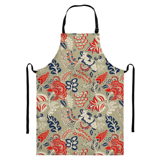 Beige Bohemian Floral Pattern Print Bib Apron With Pocket