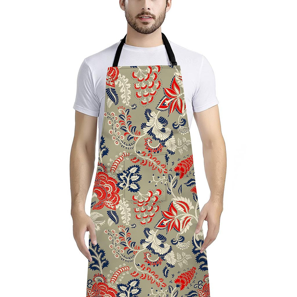 Beige Bohemian Floral Pattern Print Bib Apron With Pocket