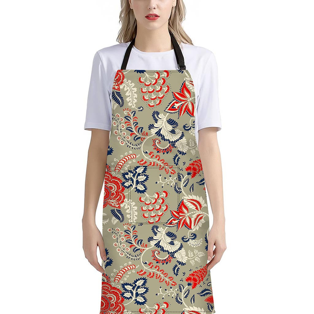 Beige Bohemian Floral Pattern Print Bib Apron With Pocket
