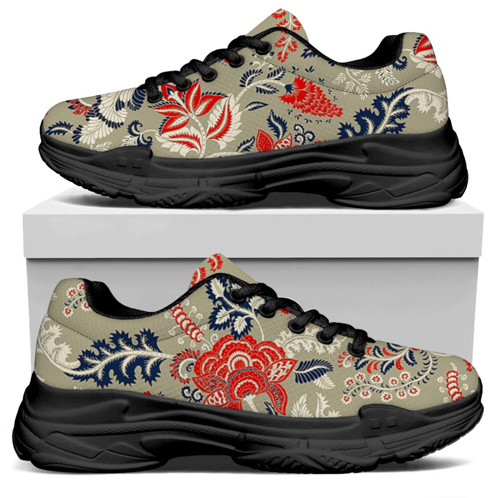 Beige Bohemian Floral Pattern Print Black Chunky Shoes