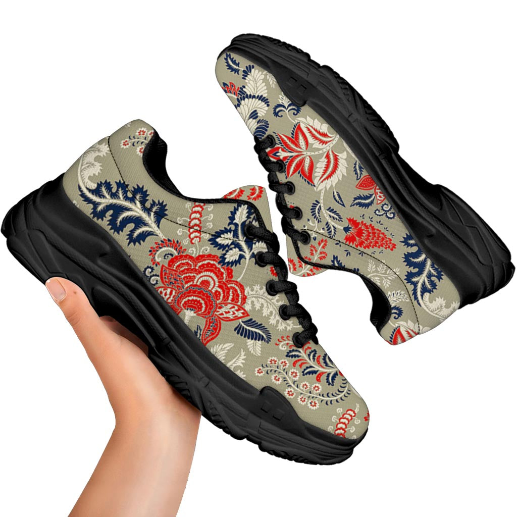 Beige Bohemian Floral Pattern Print Black Chunky Shoes