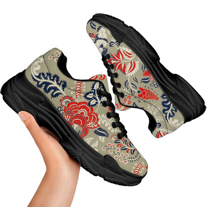 Beige Bohemian Floral Pattern Print Black Chunky Shoes