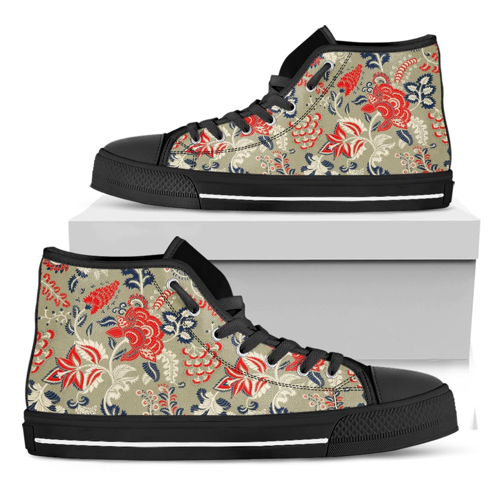 Beige Bohemian Floral Pattern Print Black High Top Sneakers