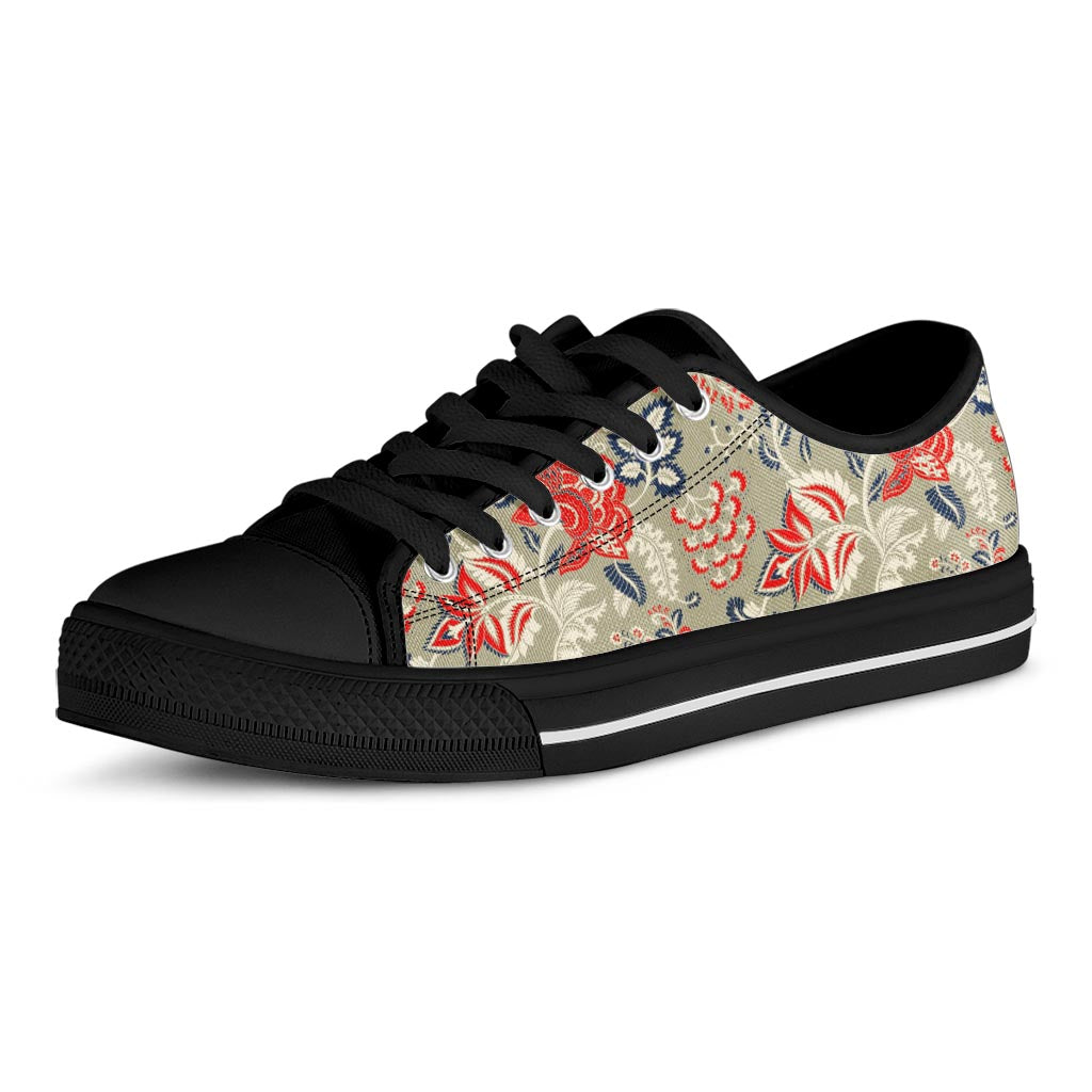 Beige Bohemian Floral Pattern Print Black Low Top Sneakers