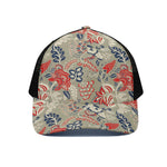 Beige Bohemian Floral Pattern Print Black Mesh Trucker Cap