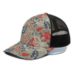 Beige Bohemian Floral Pattern Print Black Mesh Trucker Cap