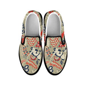 Beige Bohemian Floral Pattern Print Black Slip On Sneakers