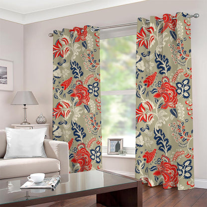Beige Bohemian Floral Pattern Print Blackout Grommet Curtains