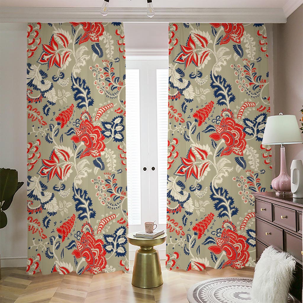 Beige Bohemian Floral Pattern Print Blackout Pencil Pleat Curtains