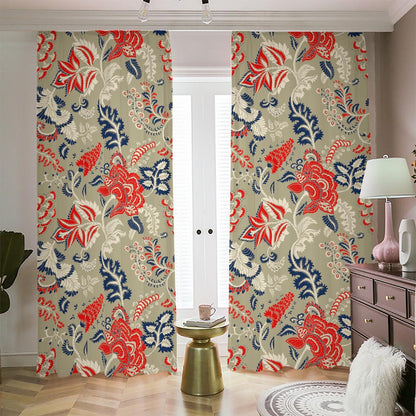 Beige Bohemian Floral Pattern Print Blackout Pencil Pleat Curtains