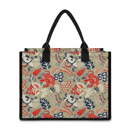 Beige Bohemian Floral Pattern Print Canvas Tote Bag