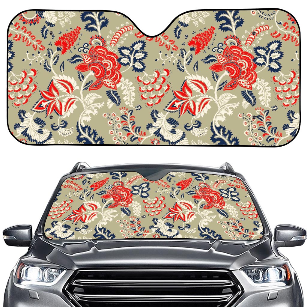 Beige Bohemian Floral Pattern Print Car Windshield Sun Shade