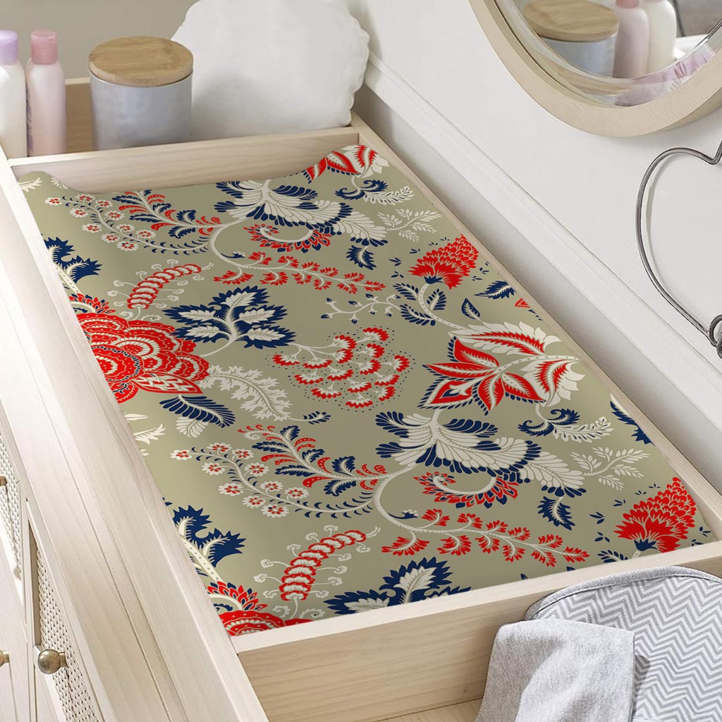 Beige Bohemian Floral Pattern Print Changing Pad Cover