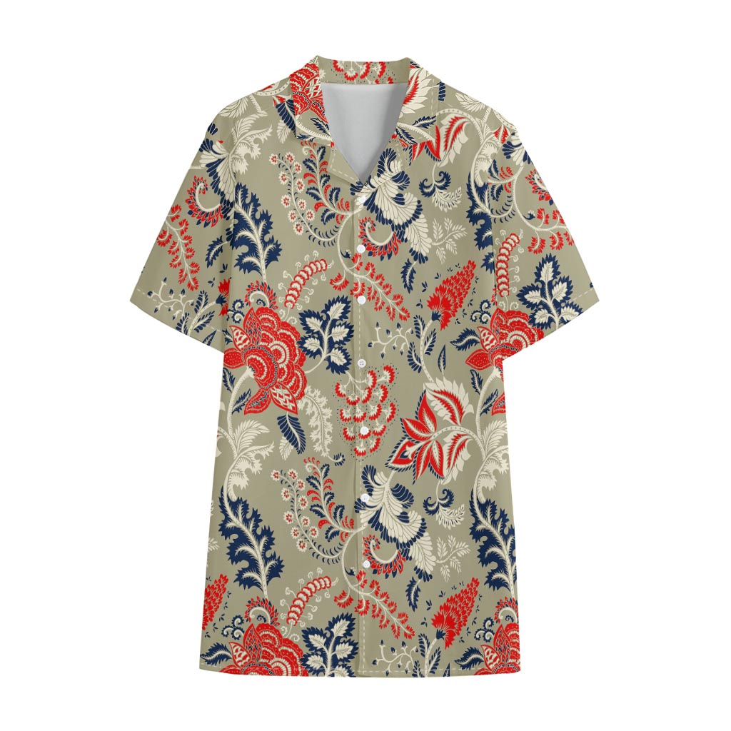 Beige Bohemian Floral Pattern Print Cotton Hawaiian Shirt