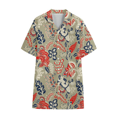 Beige Bohemian Floral Pattern Print Cotton Hawaiian Shirt