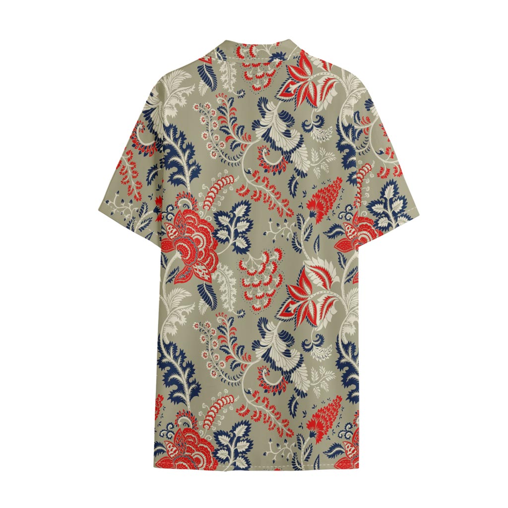 Beige Bohemian Floral Pattern Print Cotton Hawaiian Shirt