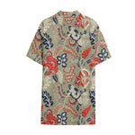 Beige Bohemian Floral Pattern Print Cotton Hawaiian Shirt