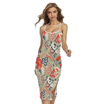 Beige Bohemian Floral Pattern Print Cross Back Cami Dress