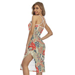 Beige Bohemian Floral Pattern Print Cross Back Cami Dress