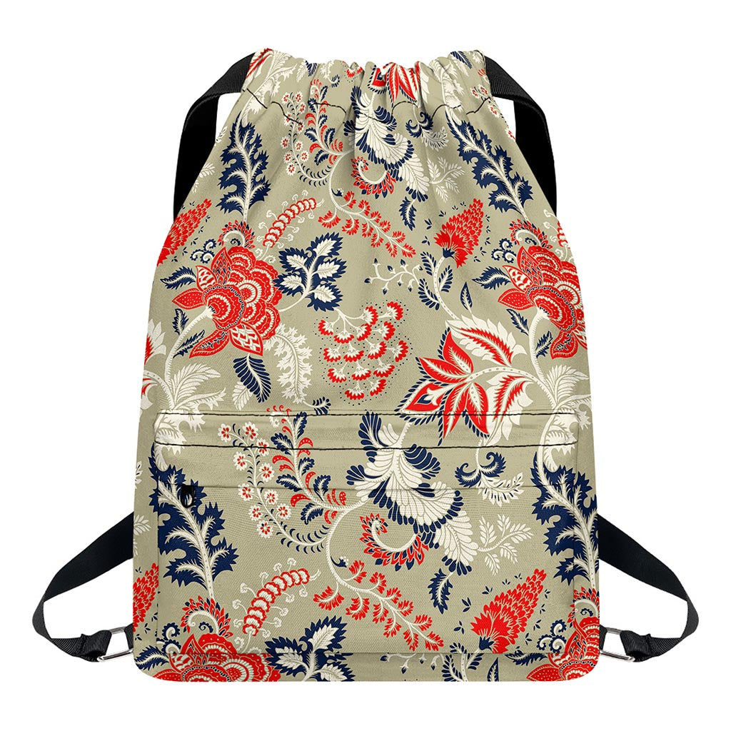 Beige Bohemian Floral Pattern Print Drawstring Backpack