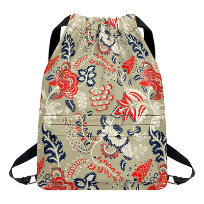 Beige Bohemian Floral Pattern Print Drawstring Backpack