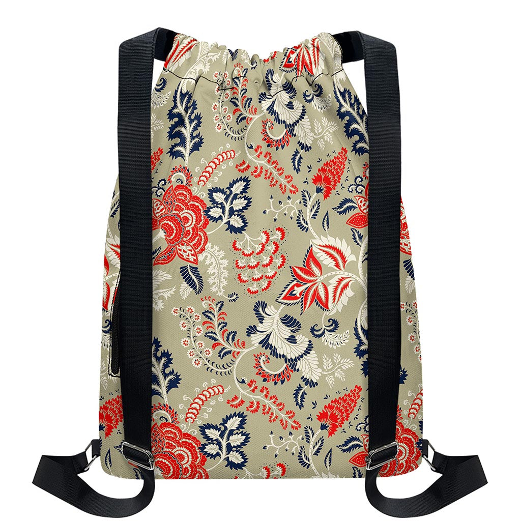 Beige Bohemian Floral Pattern Print Drawstring Backpack